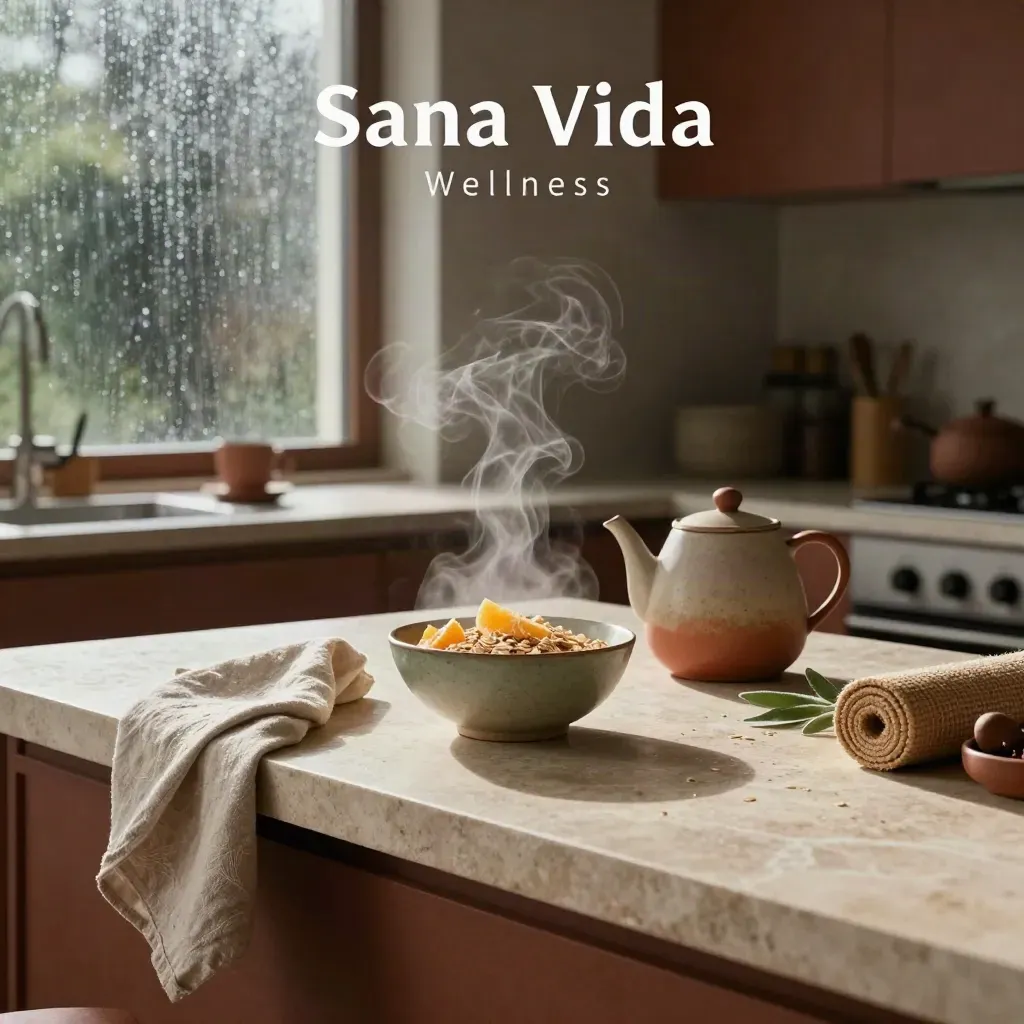 Rainy morning wellness kitchen with tea, breakfast bowl, linen and mat on limestone island
