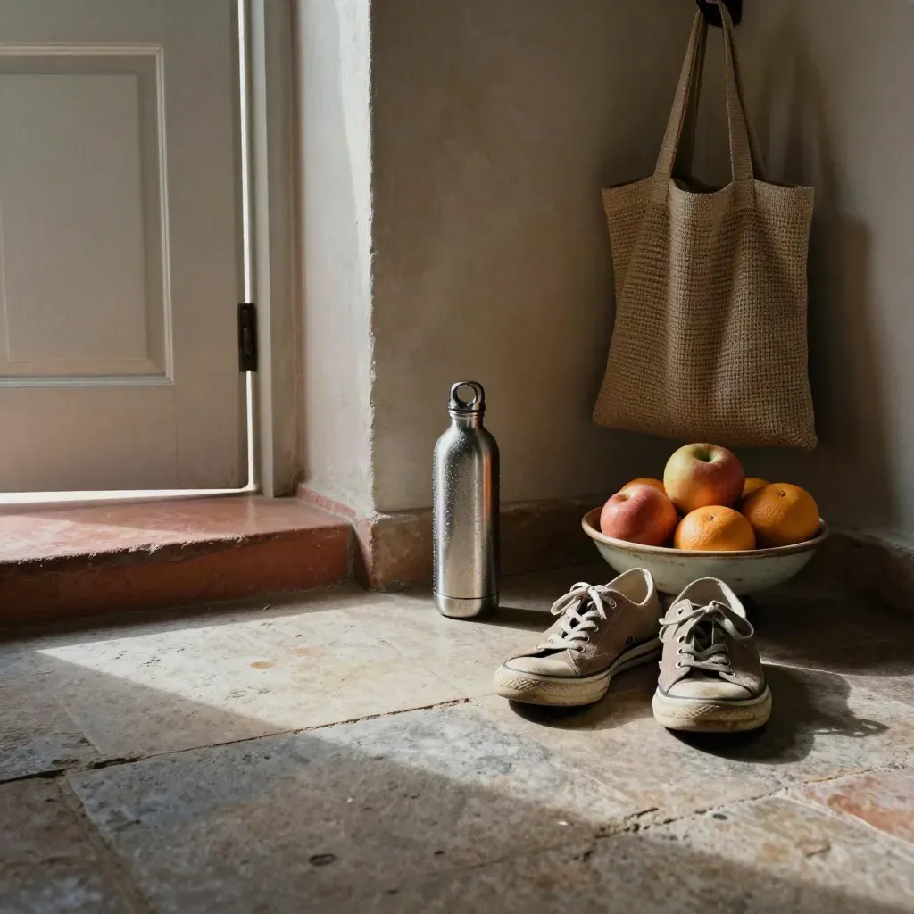 Floor-level entryway still life with trainers, water bottle, fruit bowl and tote by a doorway.