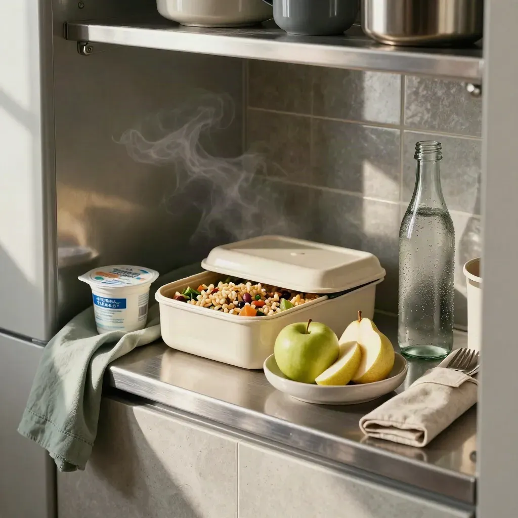 Lunch box, fruit, yogurt and chilled bottle waiting on an office kitchenette shelf in soft window light.