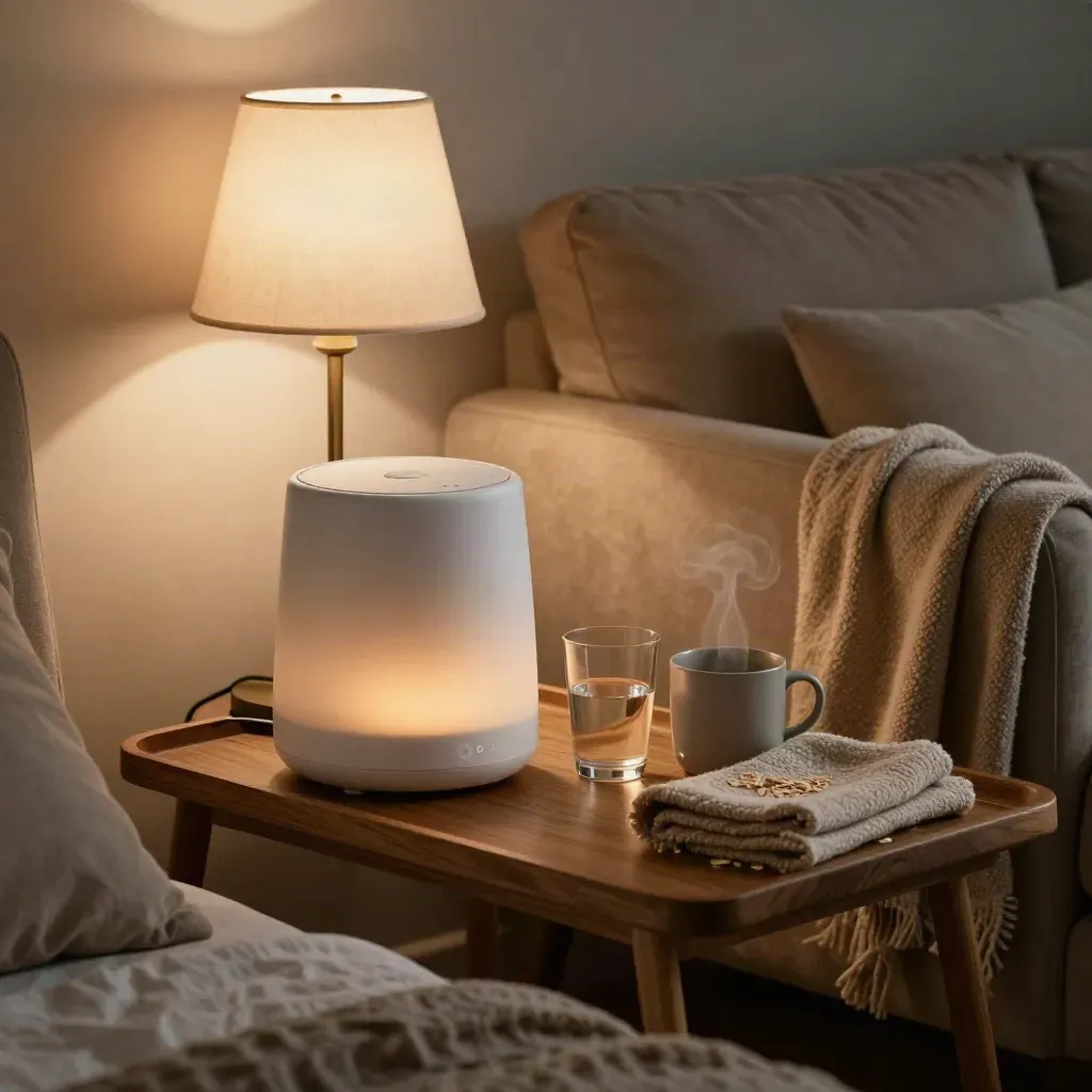 Cozy living room corner with lamp, white-noise machine, steaming mug, and folded blanket