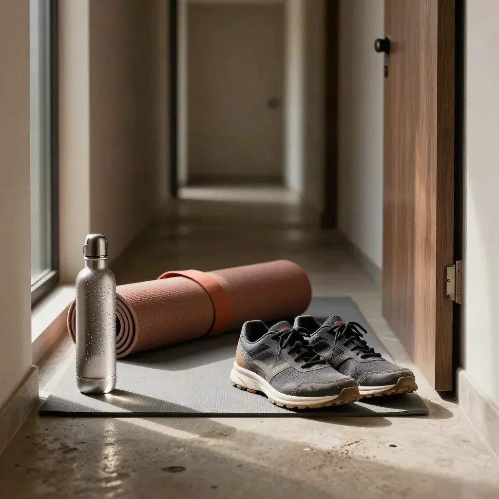 Workout mat, trainers, band and water bottle in a bright hallway
