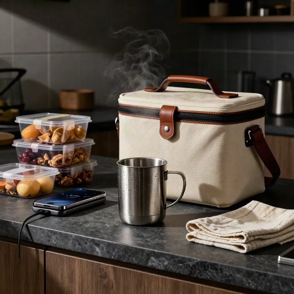 Meal prep station with mug, lunch cooler, snack boxes and charger dock in a dim kitchen