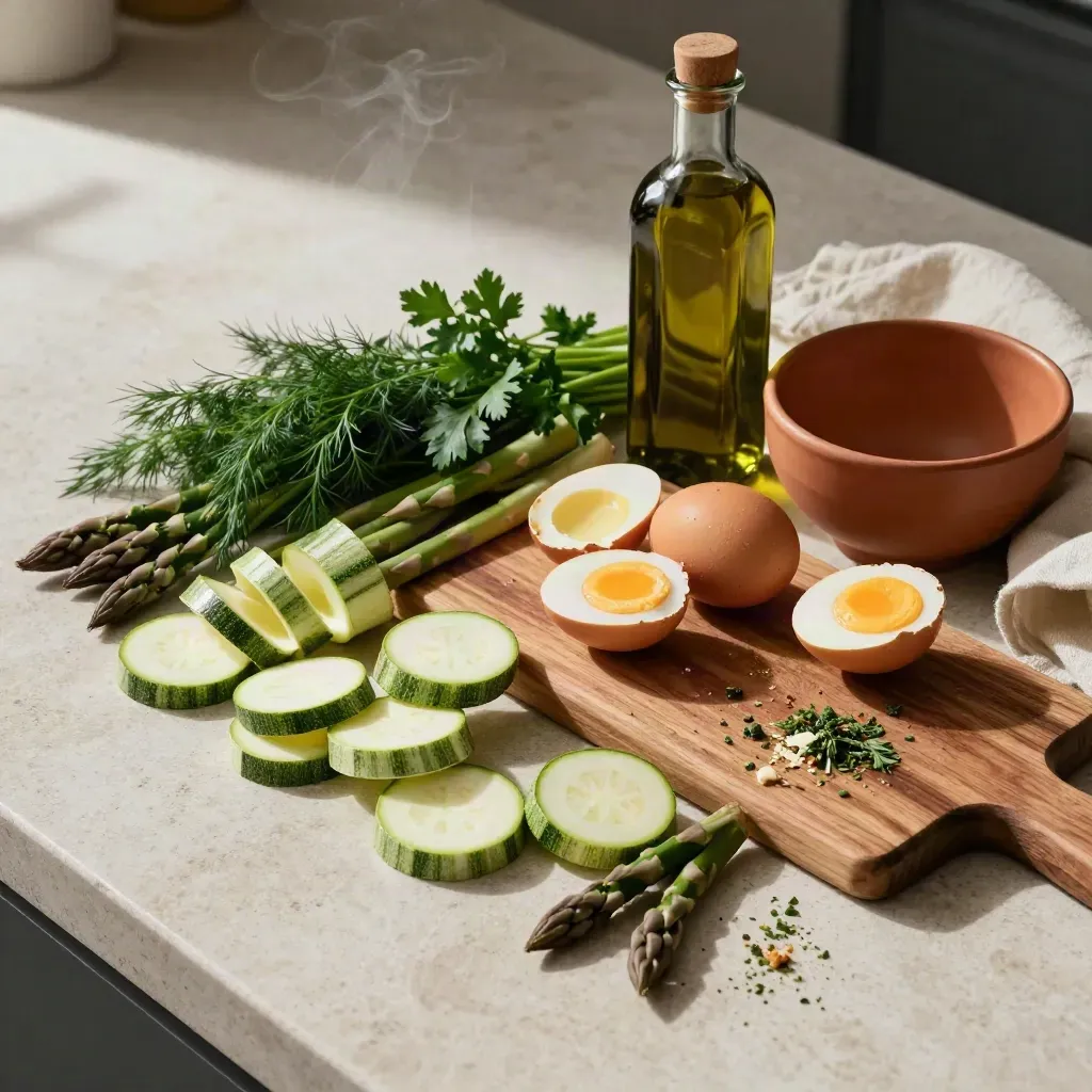 Top-down still life of vegetables, eggs, herbs and olive oil on pale stone and walnut board.