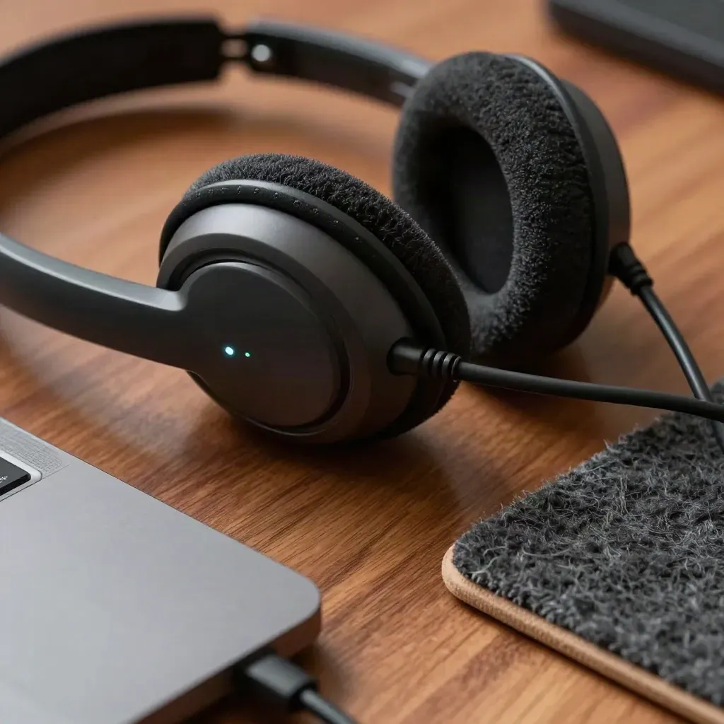 Close-up of a headset earpad, charging dock, glowing indicator and wool coaster on charcoal wood.