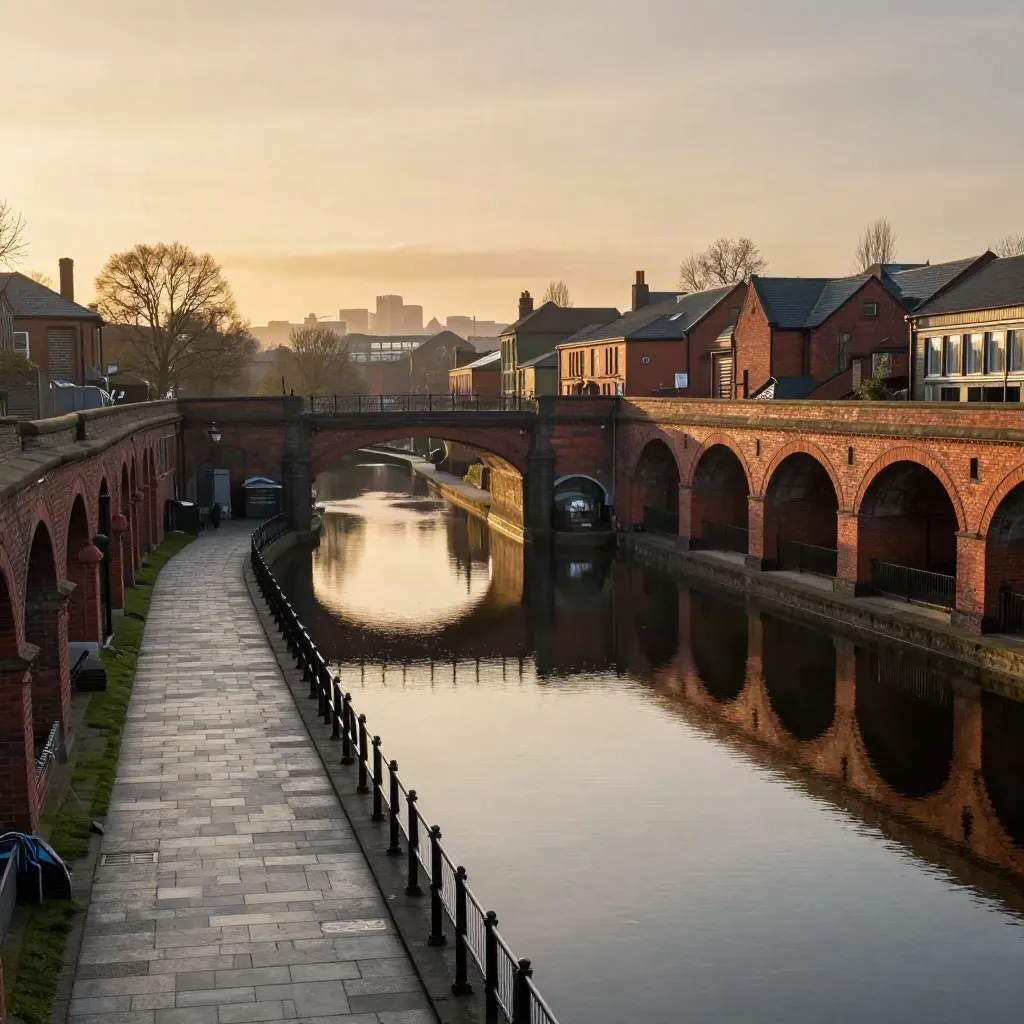 Golden-hour Castlefield canals and red-brick viaducts over still water, Manchester skyline in haze.